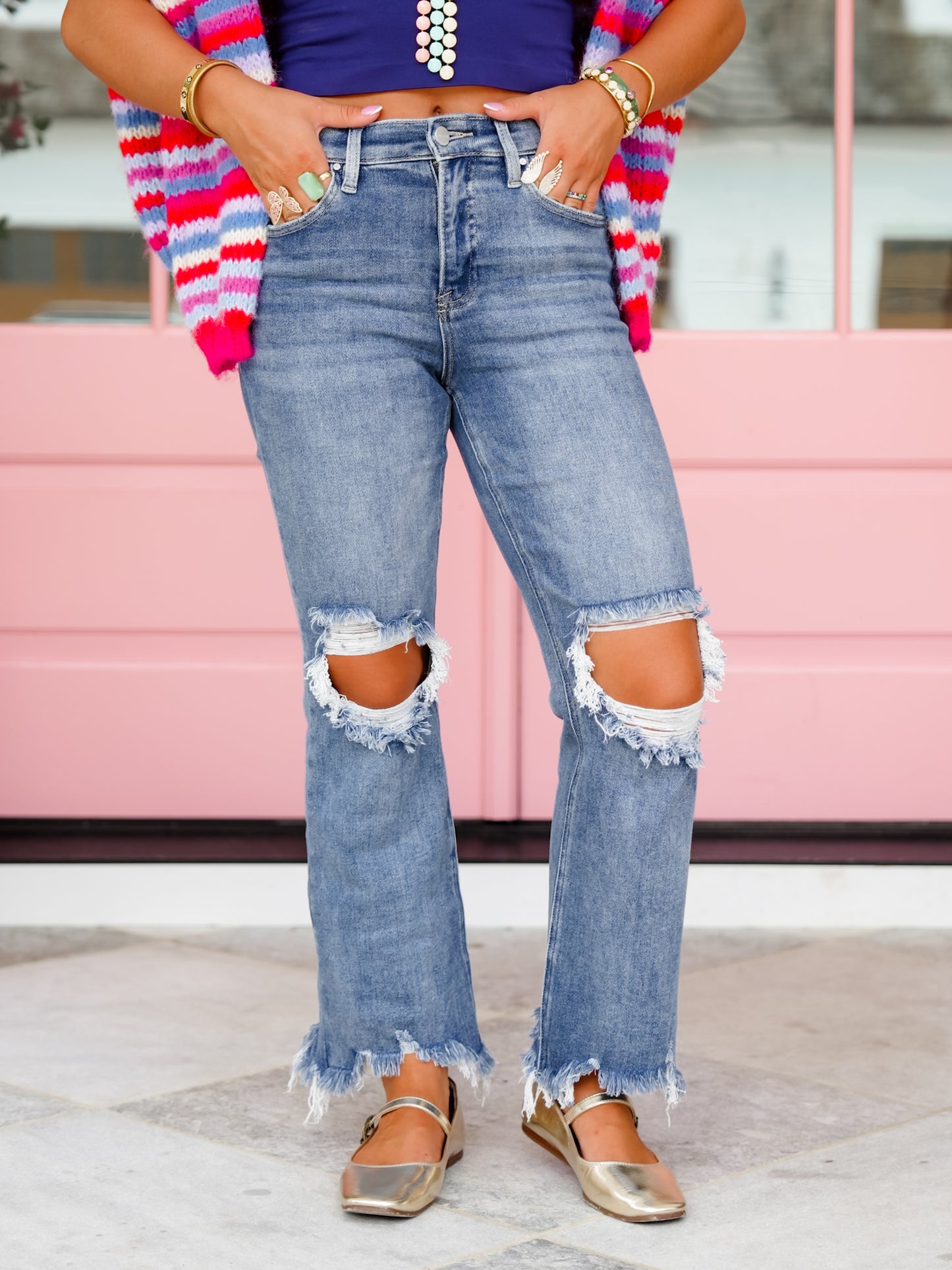Risen High Rise Medium Wash Straight Leg Cropped Jeans