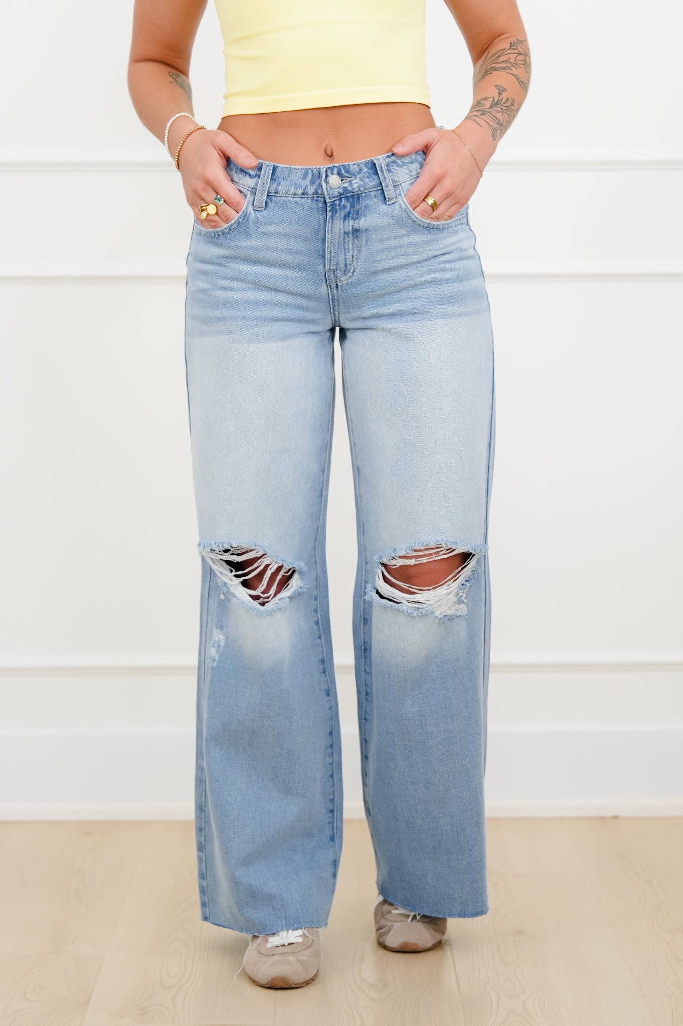 Cello Low Rise Light Wash Distressed Wide Leg Jeans