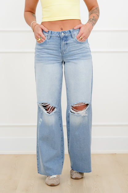Cello Low Rise Light Wash Distressed Wide Leg Jeans