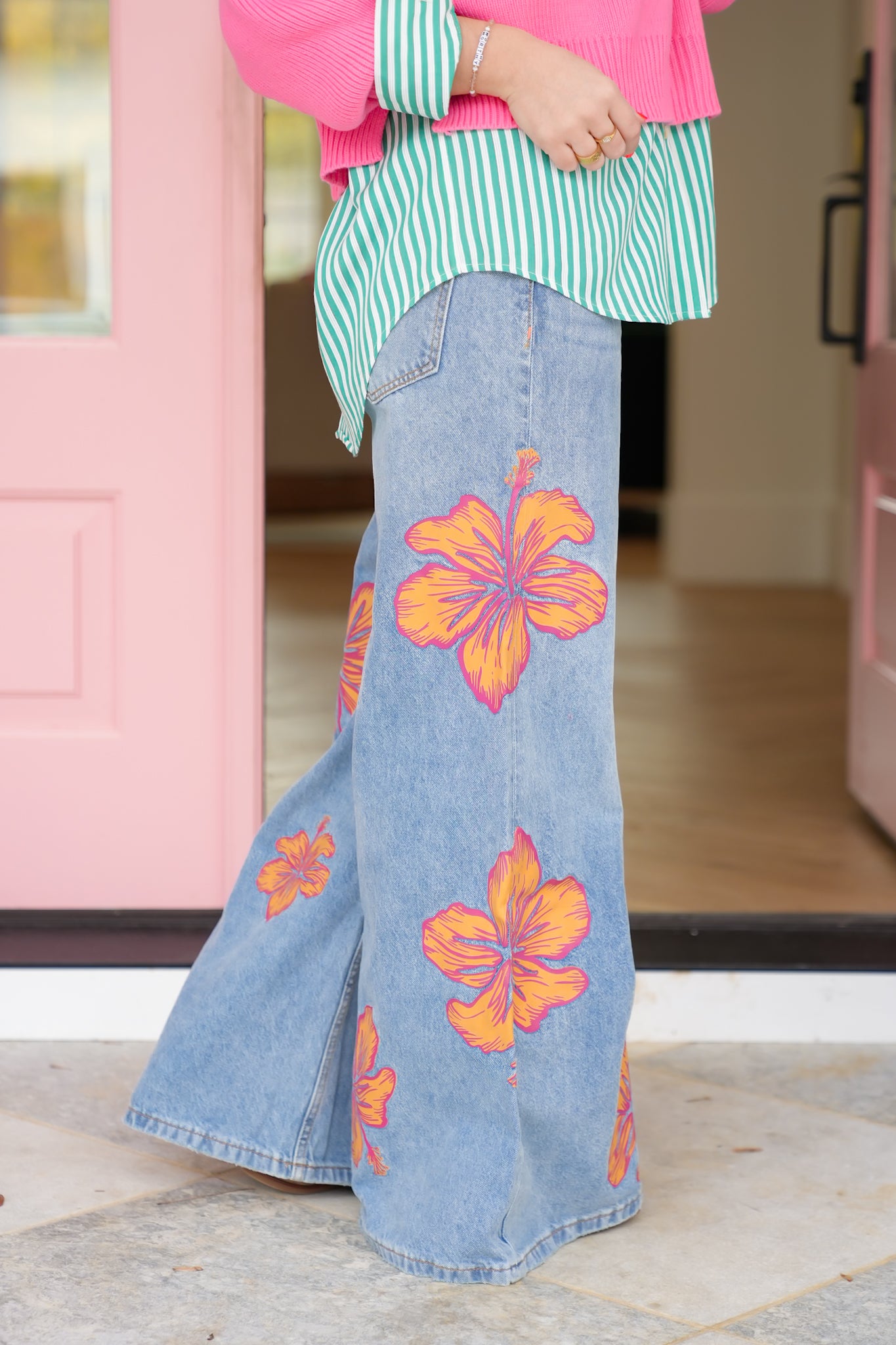 ☆やつはし☆ PLUM FLOWER PRINTED denimパンツ Multi-Inseam Hibiscus Print High Waist Wide Leg Denim Jeans