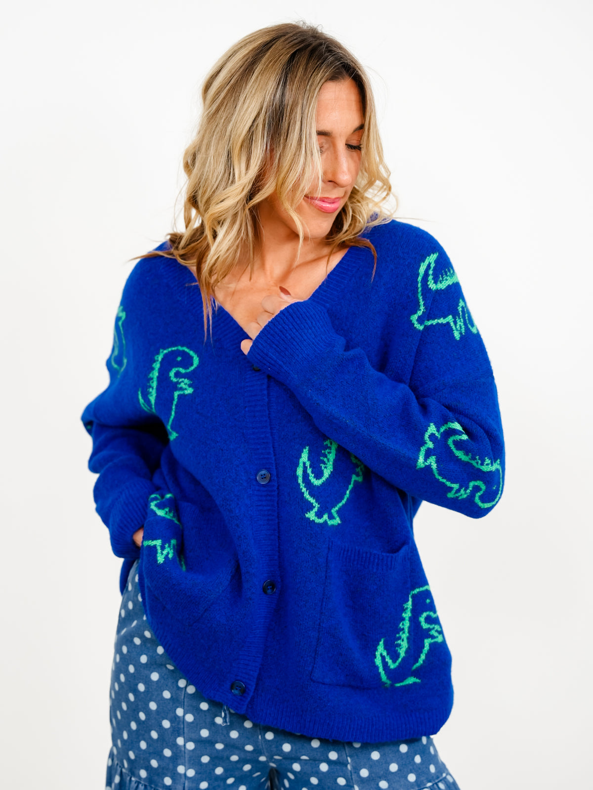 Plus/Reg Dinosaur Pattern Button Down Cardigan With Pockets