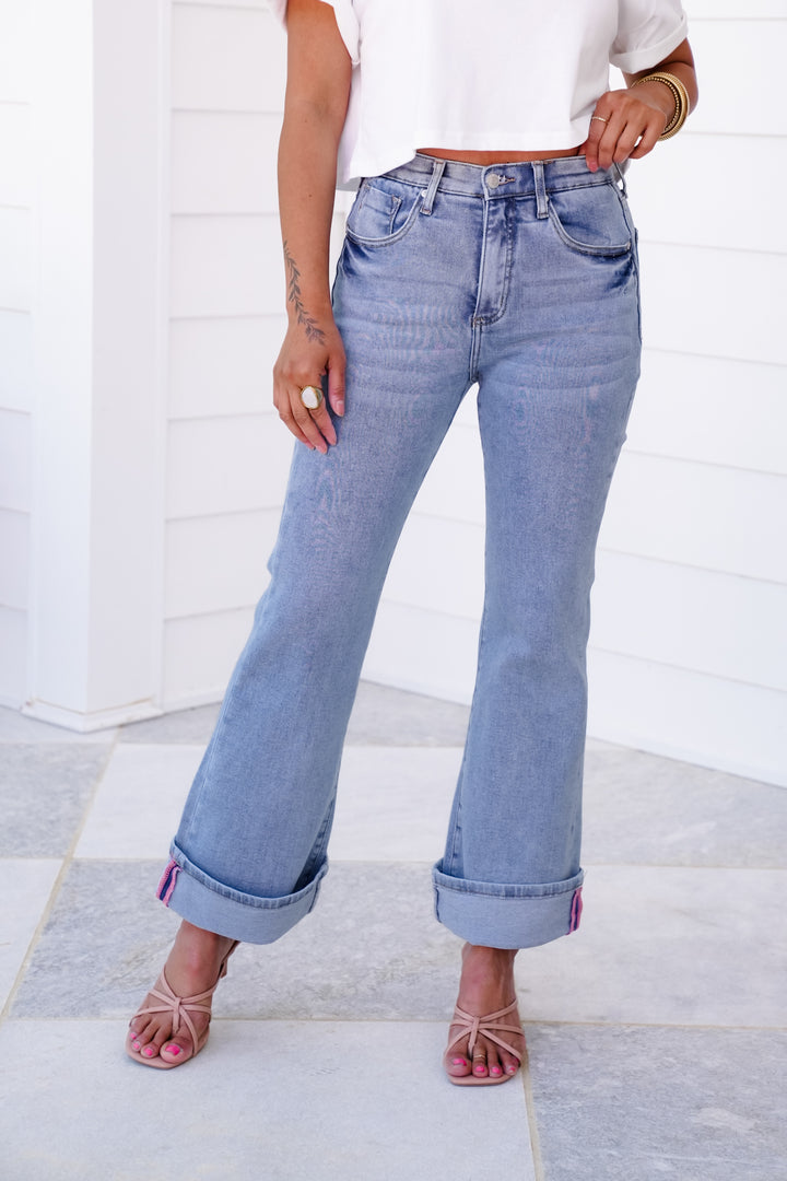 Saige High Rise Light Wash Cuffed Kick Flare Jeans
