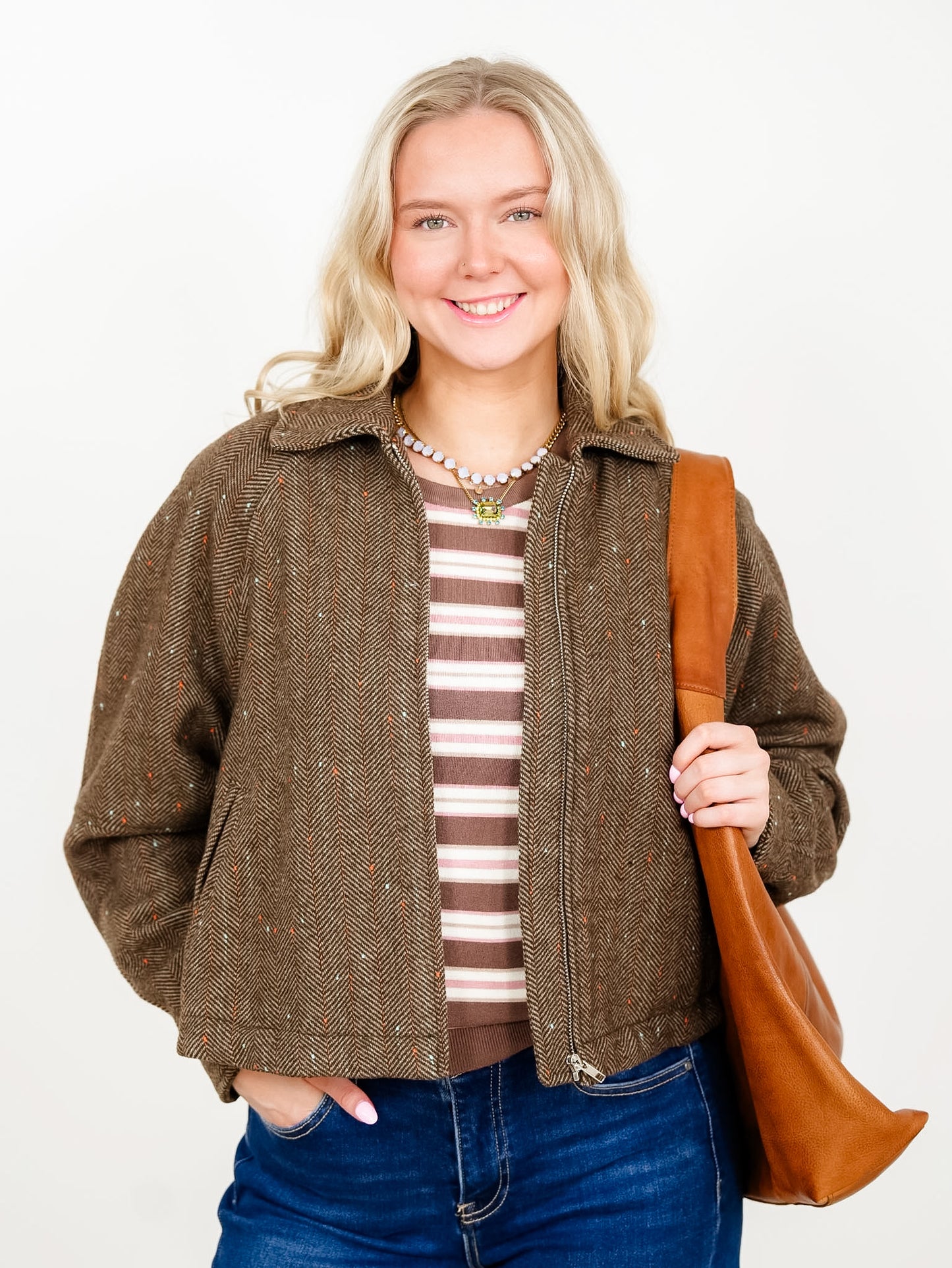 Plus/Reg Herringbone Tweed Zip Up Bomber Jacket
