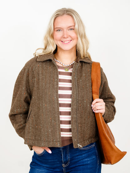 Plus/Reg Herringbone Tweed Zip Up Bomber Jacket
