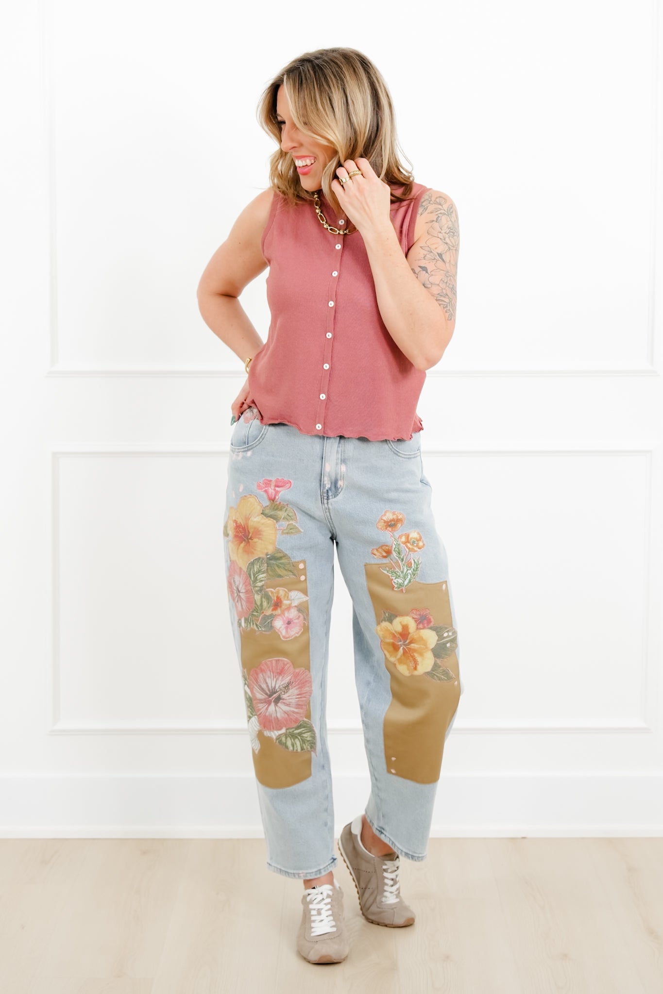 Floral Patch Barrel Jeans with Paint Splatter