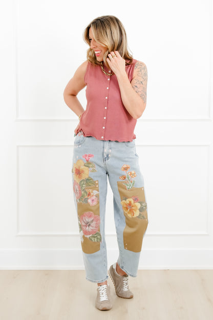 Floral Patch Barrel Jeans with Paint Splatter