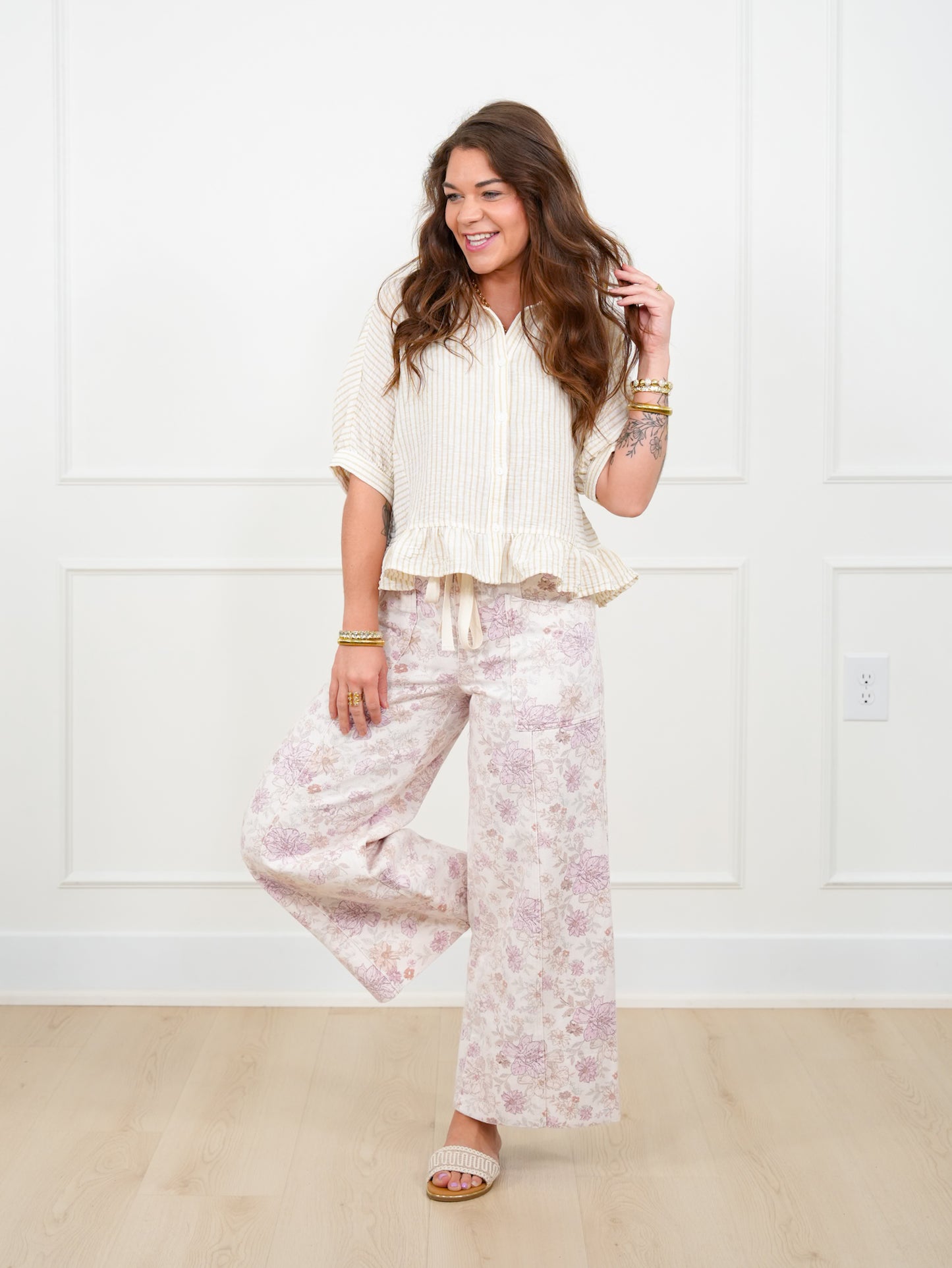 Floral Print Elastic Waist Twill Wide Leg Pants