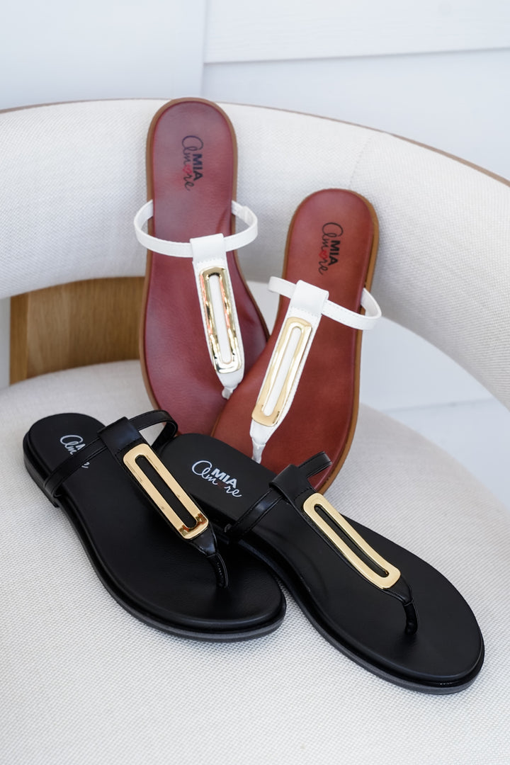 MIA T-Strap Flat Sandals with Gold Accent