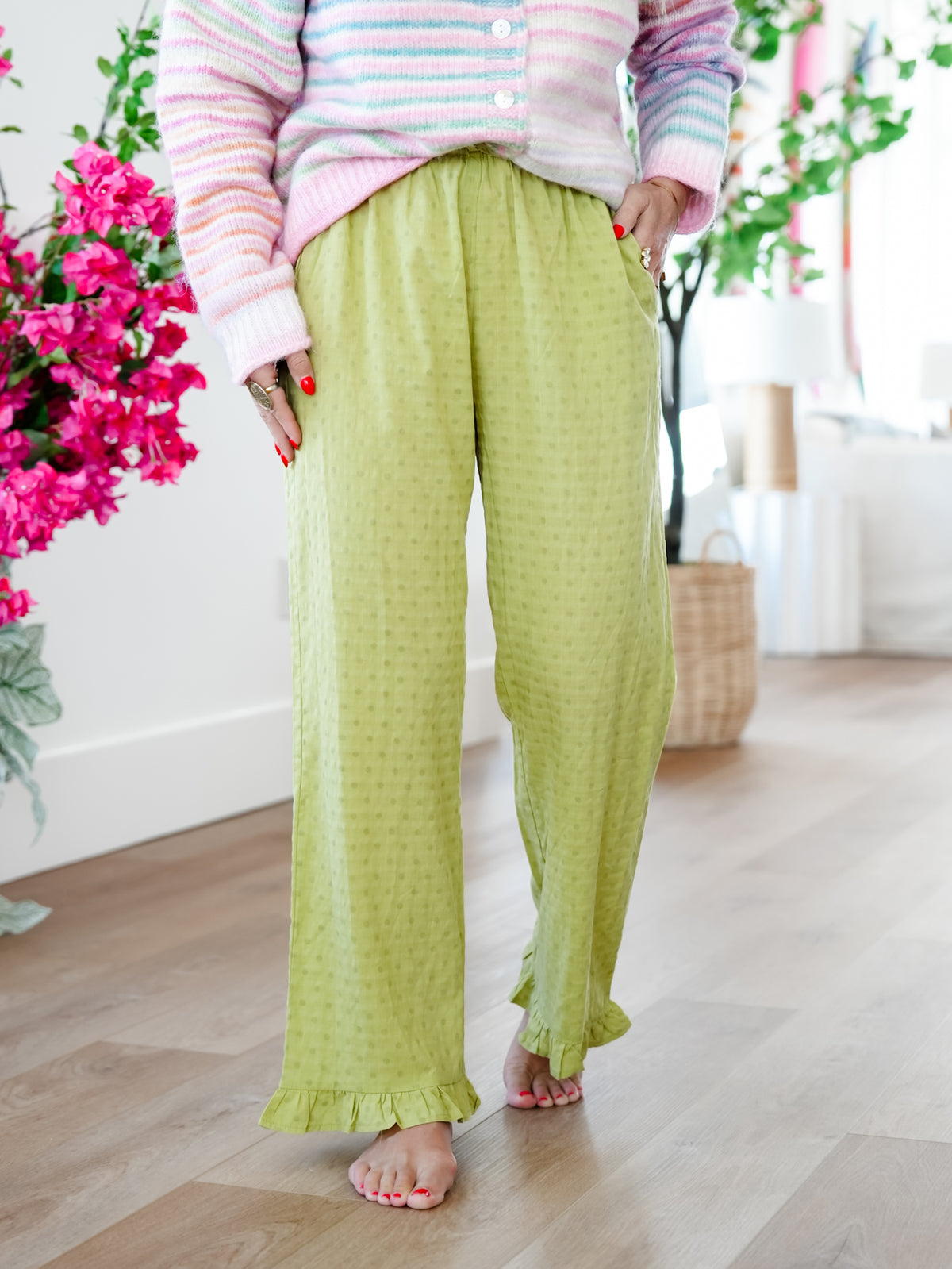 Polka Dot Elastic Waist Ruffle Hem Pants