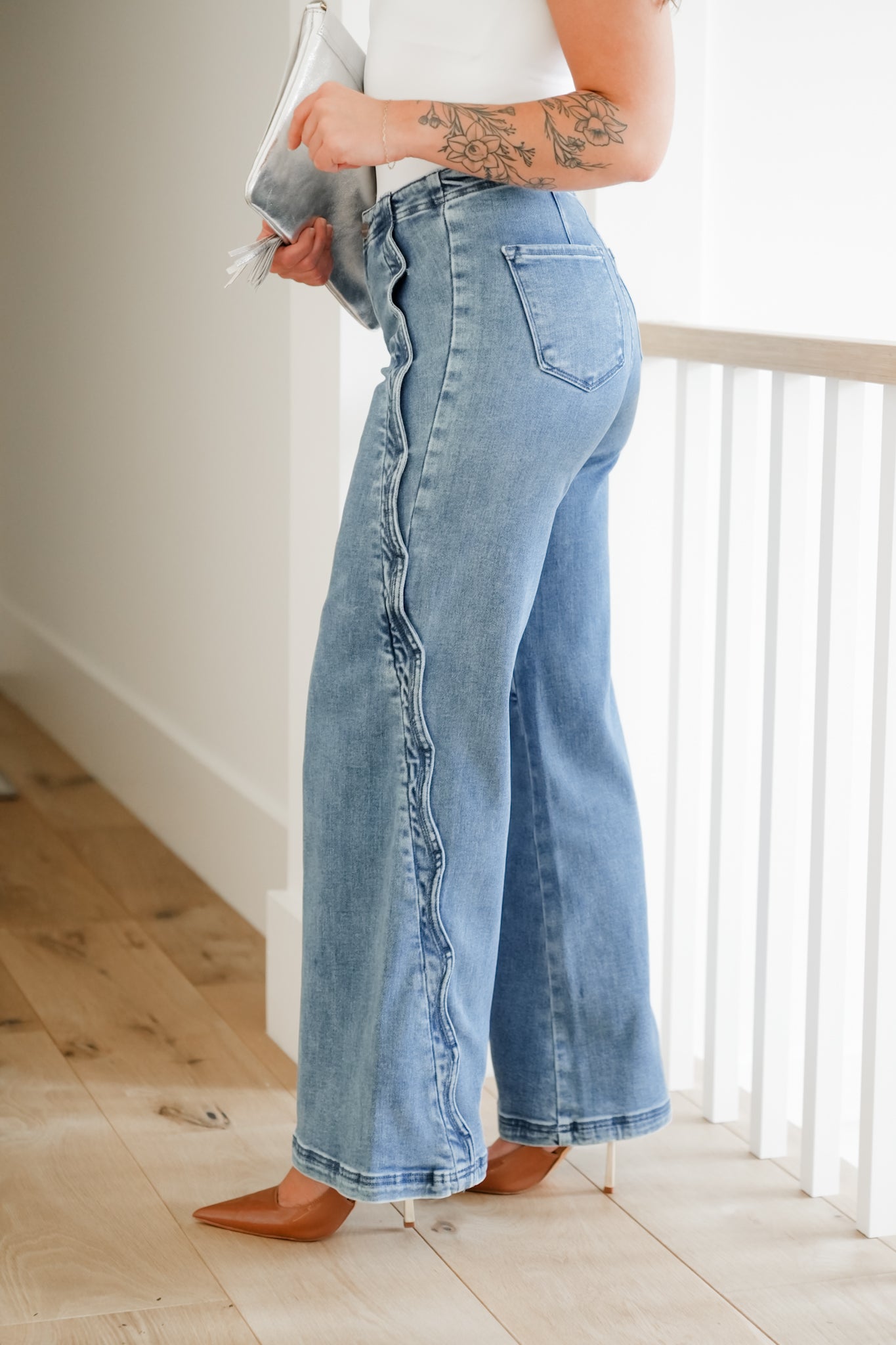 Risen High Rise Medium Wash Wide Leg Jeans with Scalloped Edge