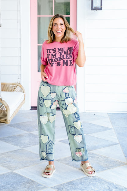Denim Boyfriend Fit Jeans with Patchwork Detail