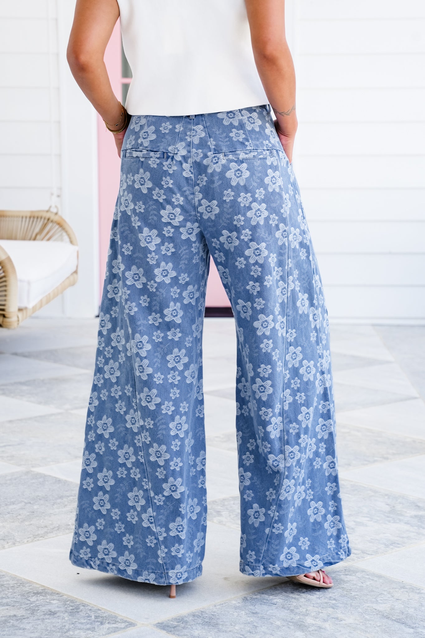 Floral Texture High Waist Wide Leg Jeans