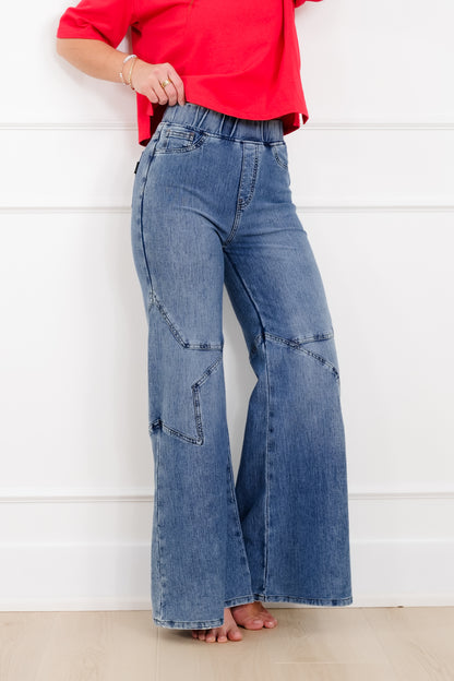 Plus/Reg Saige High Rise Medium Wash Pull On Star Wide Leg Knit Jeans