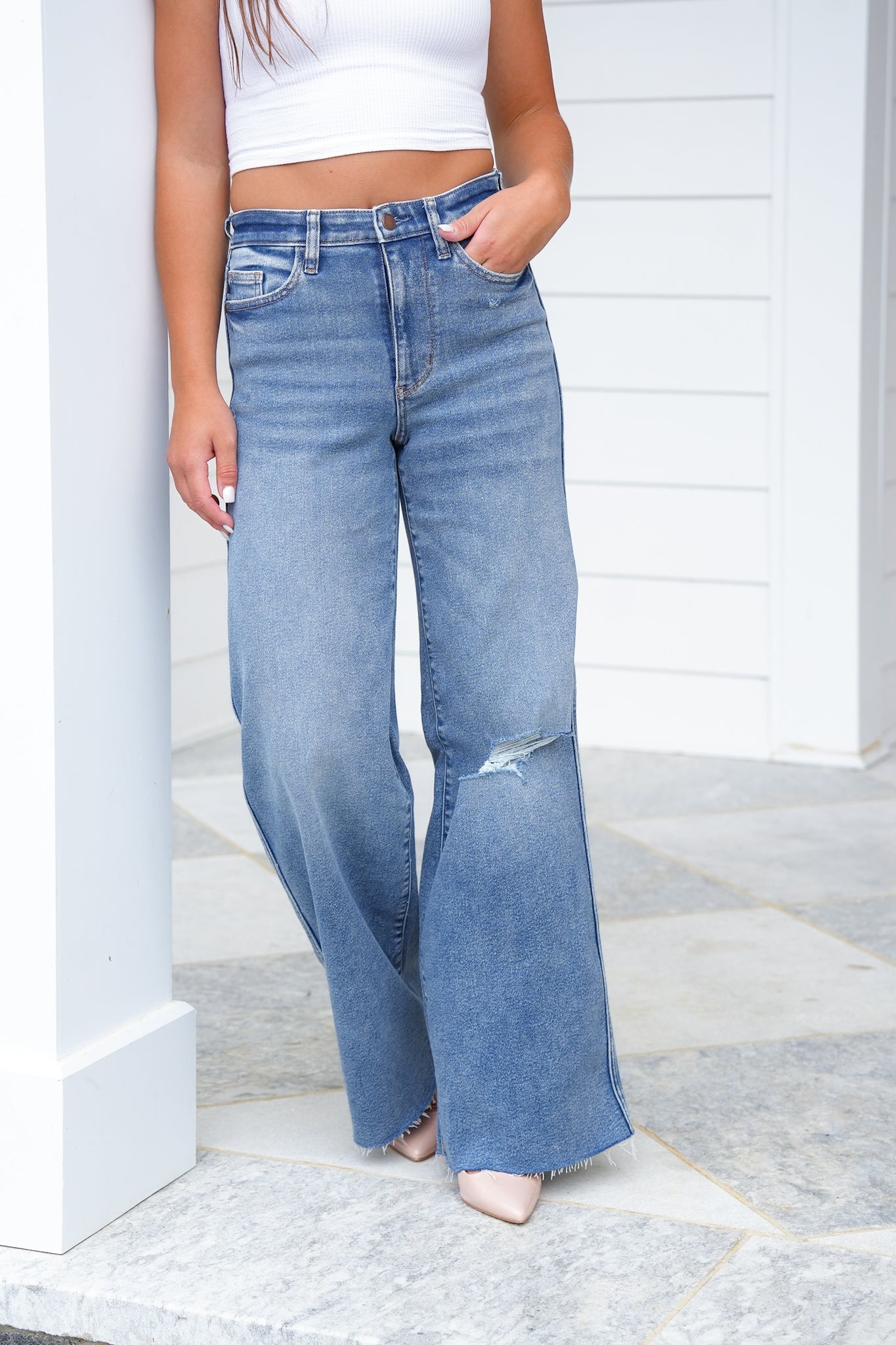 Judy Blue High Rise Medium Vintage Wash Distressed Wide Leg Jeans