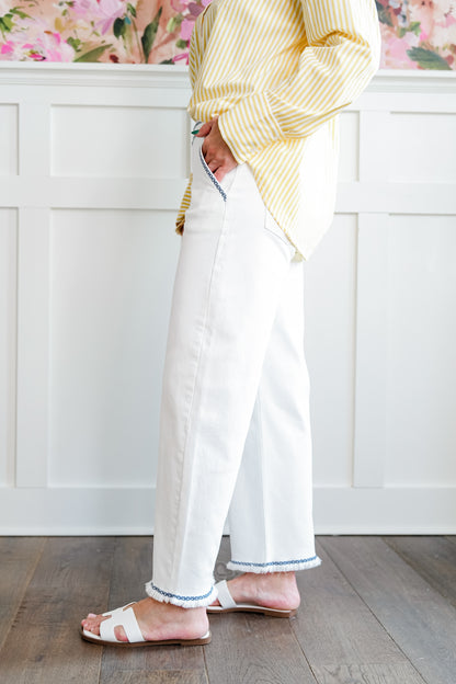 Risen High Rise Cream Tummy Control Embroidered Barrel Jeans