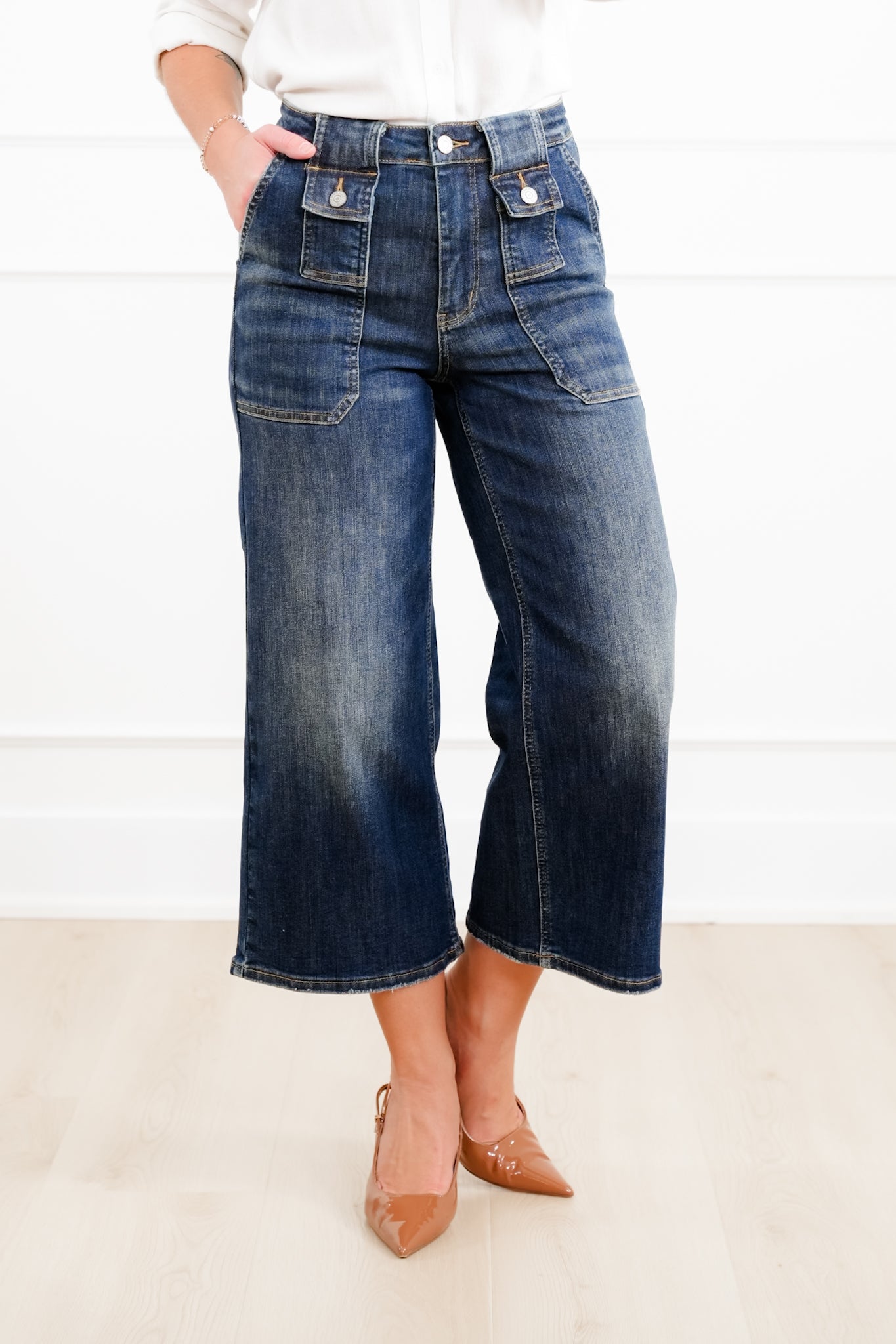 Judy Blue High Rise Dark Crop Wide Leg Jeans with Utility and Patch Pockets