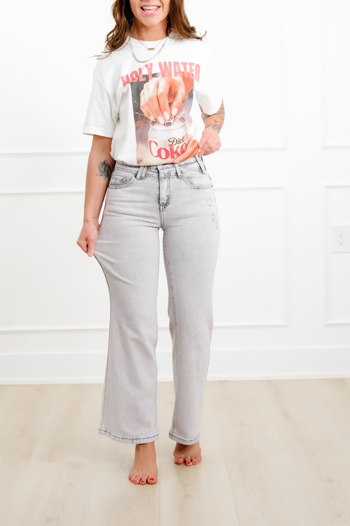 Saige High Rise Grey Acid Wash Tummy Control Wide Leg Jeans