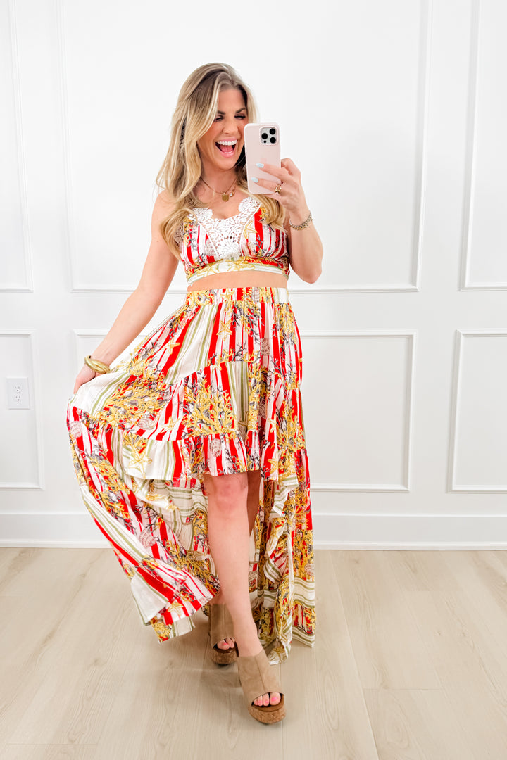 POL Stripe & Floral Print Bralette Top with High Low Skirt Set