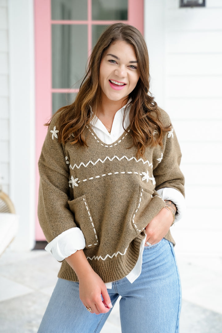 Floral Embroidered Long Sleeve Notched V Neck Sweater