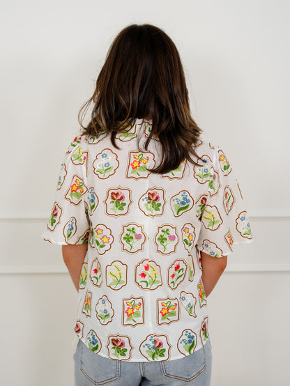Embroidered Floral Short Sleeve V Neck Top