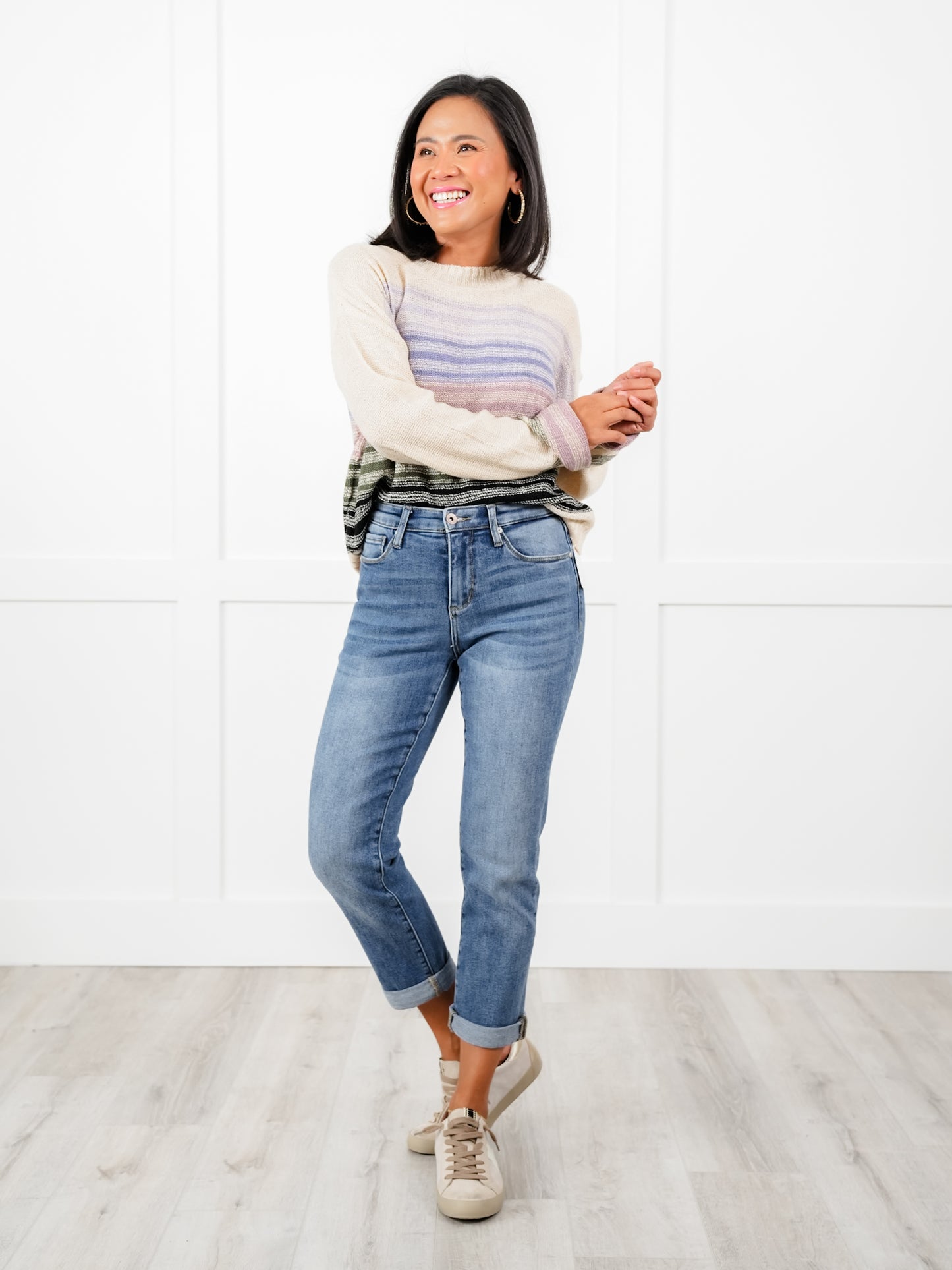 Special A Mid Rise Medium Wash Slim Cuffed Boyfriend Jeans