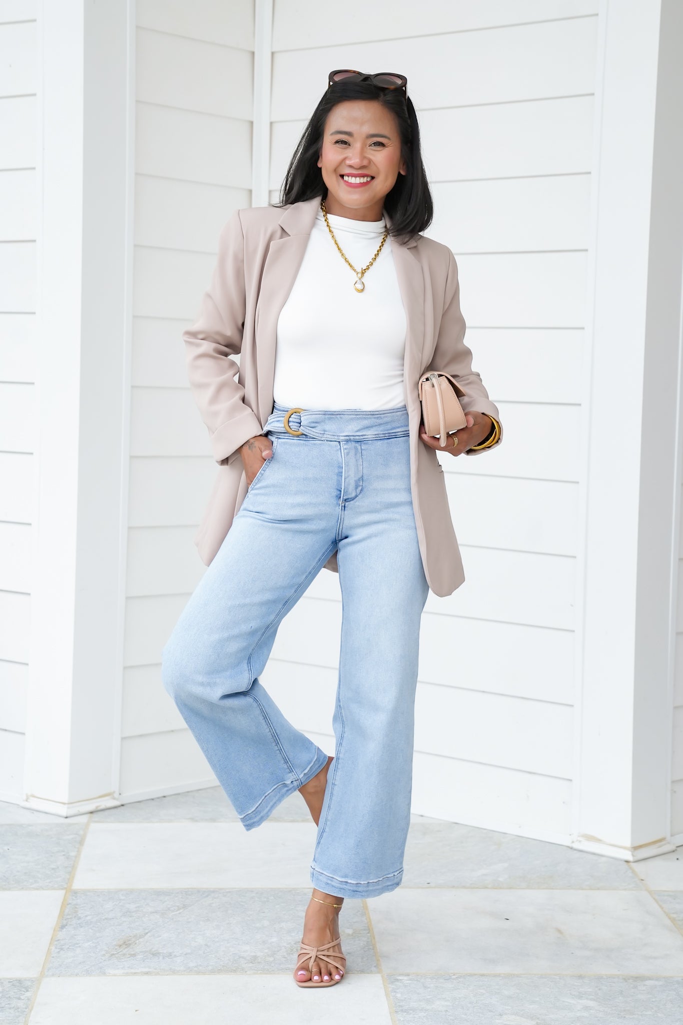 Risen High Rise Light Wash Tummy Control Cropped Wide Leg Jeans with Front Waistband Detail