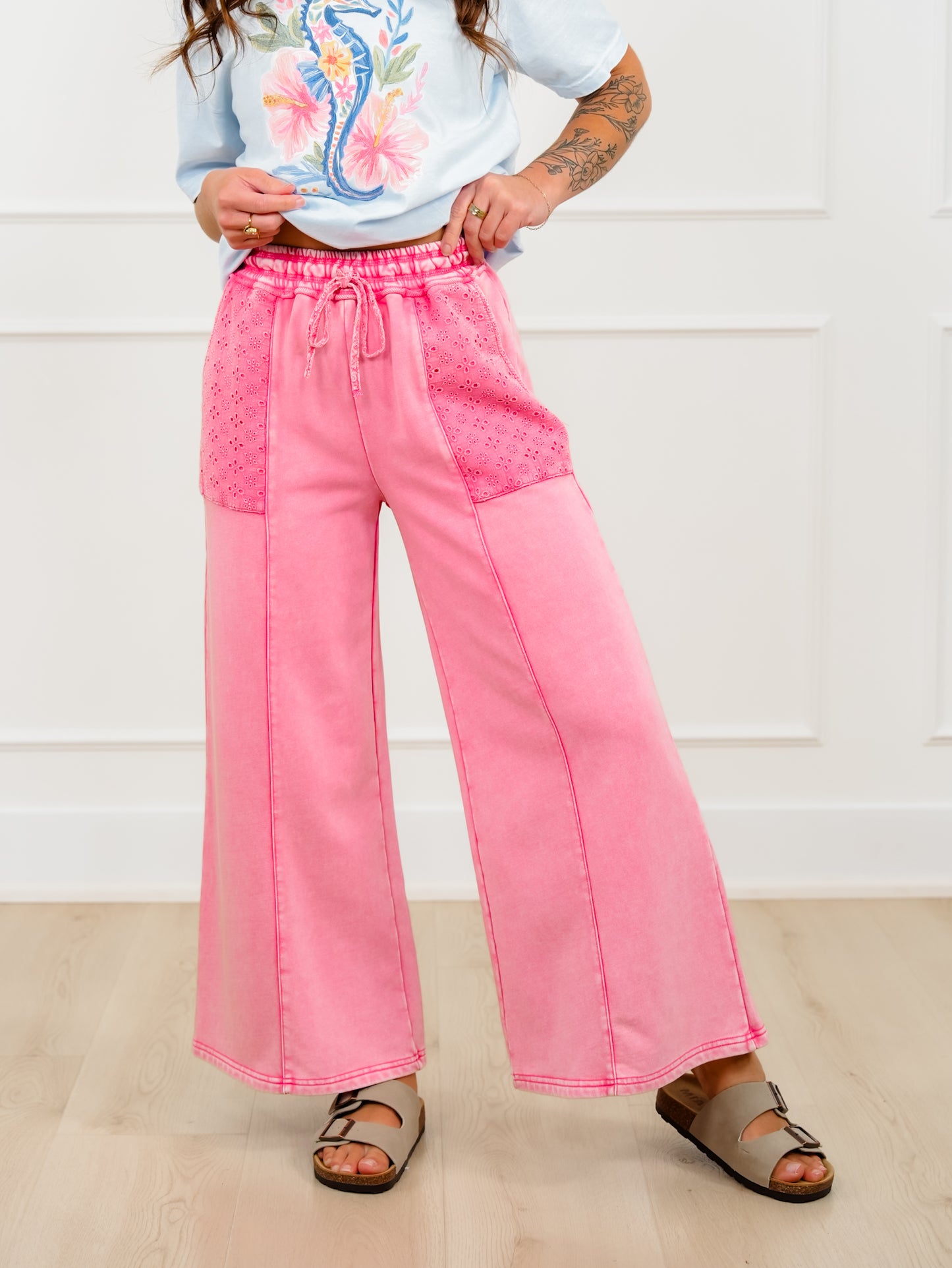 Mineral Wash Elastic Waist Pants with Eyelet Pockets