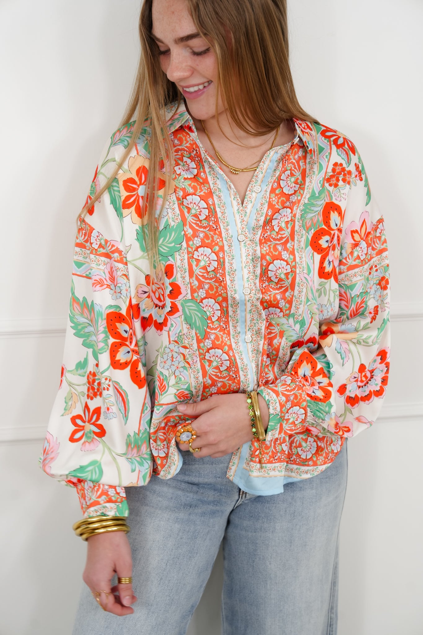 Floral Pattern Long Sleeve Button Up Blouse