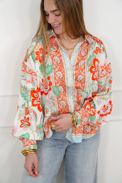 Floral Pattern Long Sleeve Button Up Blouse