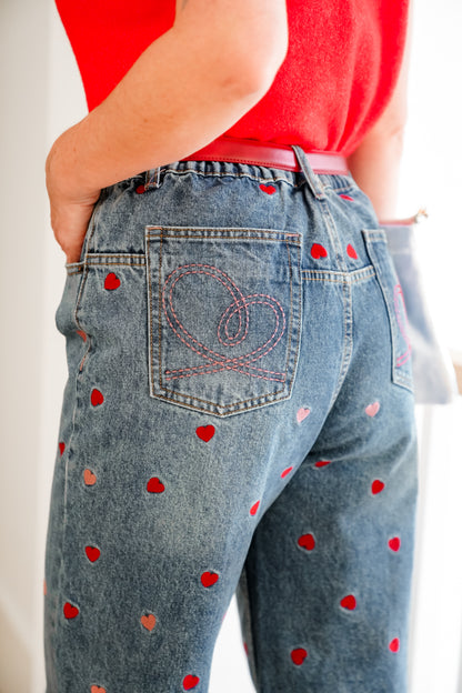 Medium Washed High Rise Embroidered Hearts Jeans