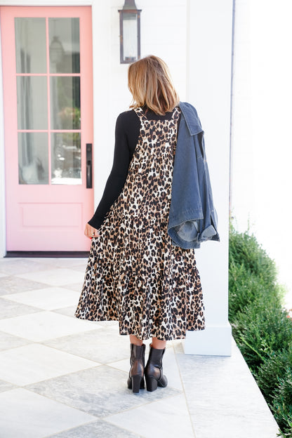 Plus/Reg Leopard Sleeveless Bib Overall Midi Dress