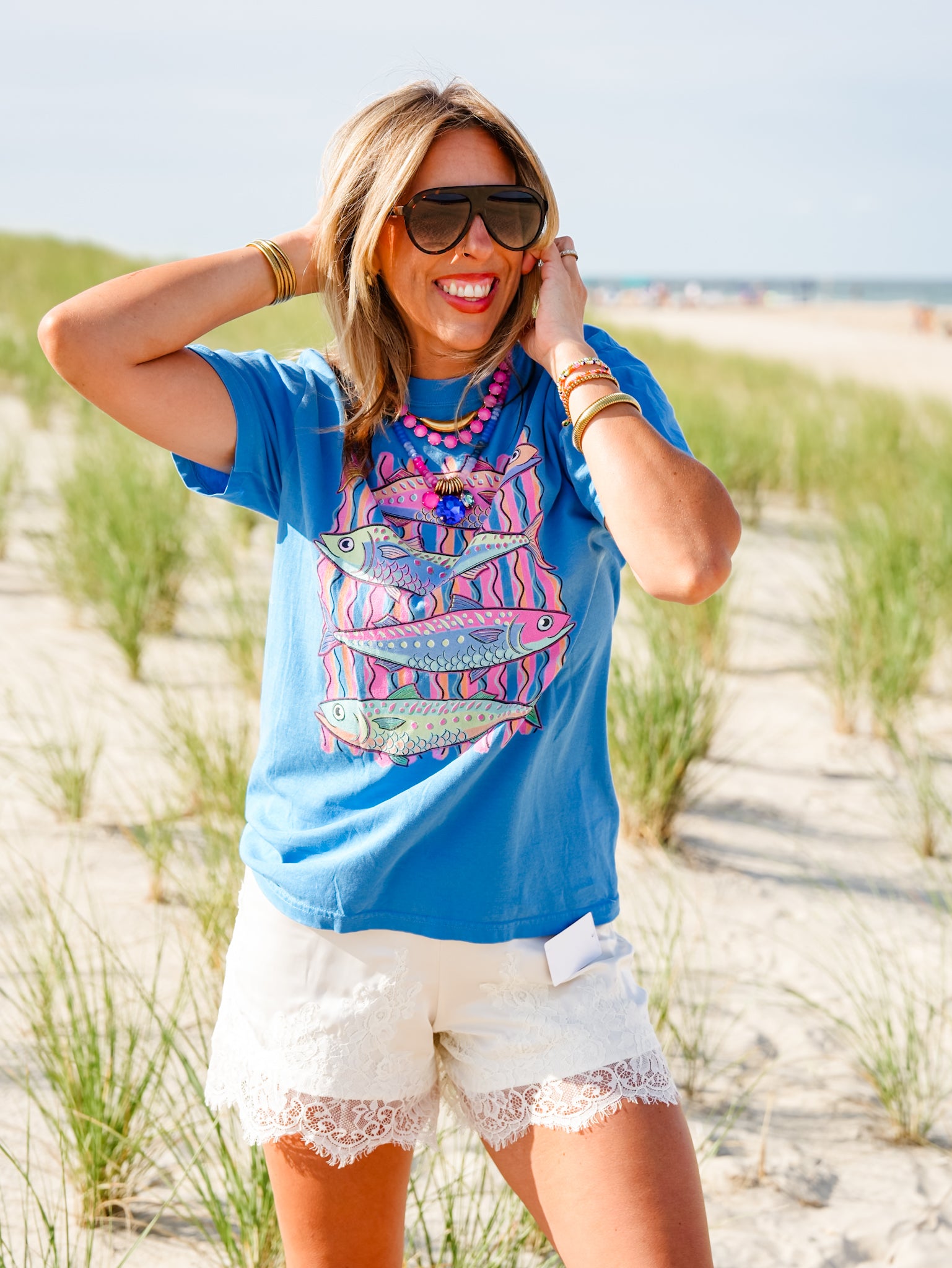 Plus/Reg Short Sleeve Colorful Fish Scicilian Stripe Graphic Tee - Freckled Poppy