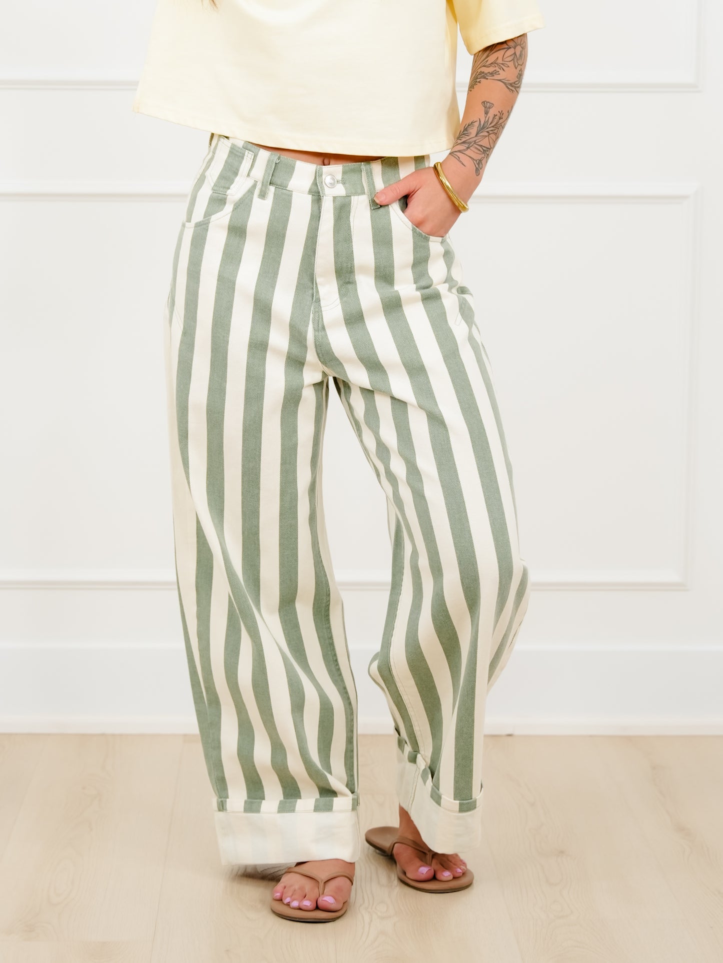 Stripe High Waist Cuffed Leg Barrel Pants