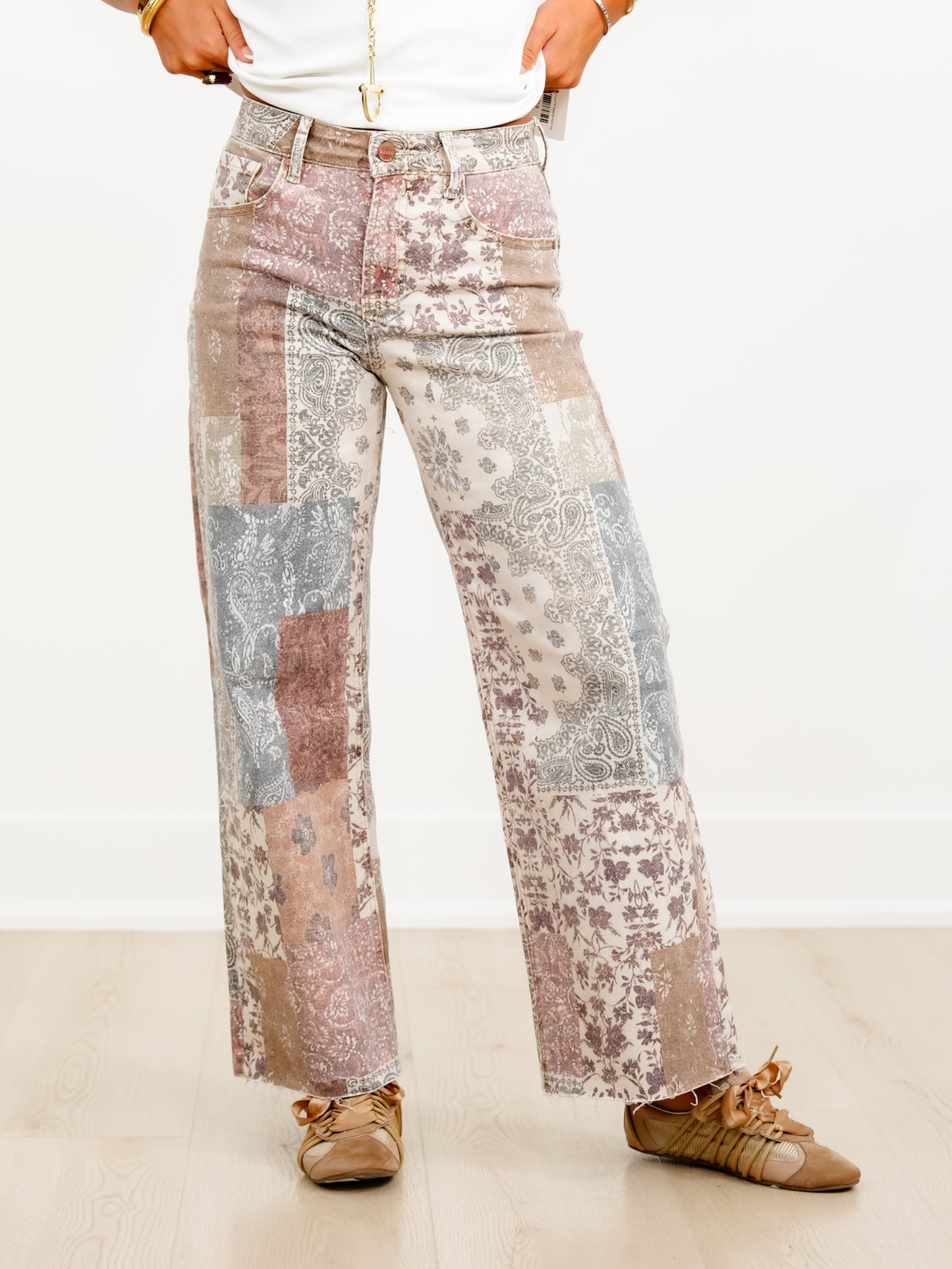 Risen High Rise Paisley Patchwork Wide Leg Ankle Jeans