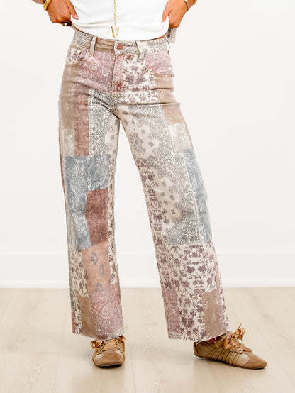 Risen High Rise Paisley Patchwork Wide Leg Ankle Jeans