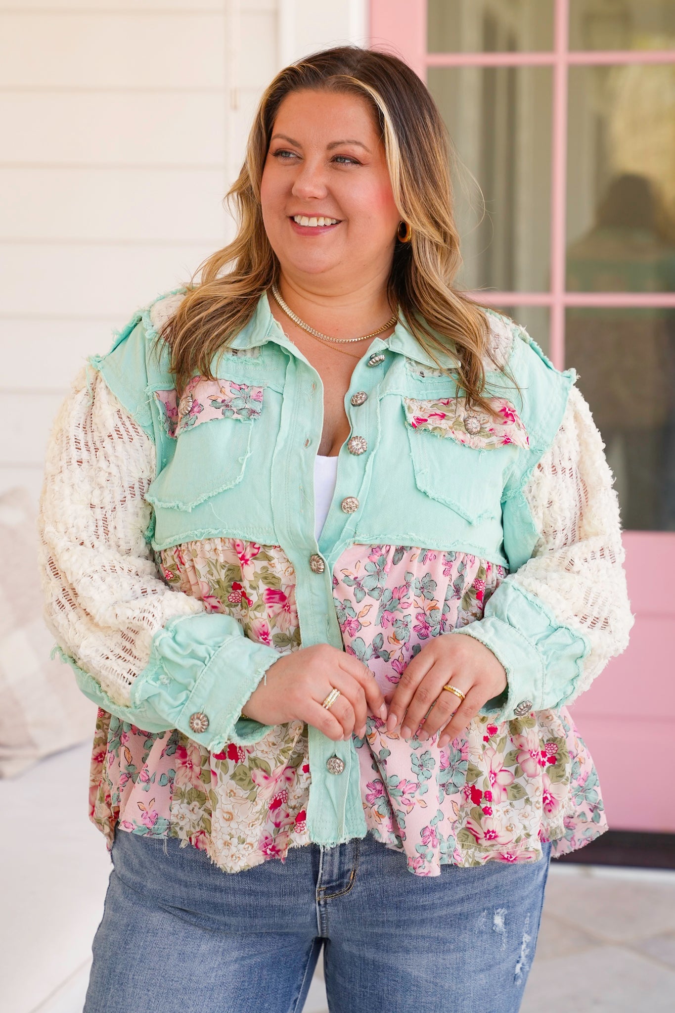 POL Mint Twill Long Sleeve A-Line Jacket with Crochet and Floral Detail