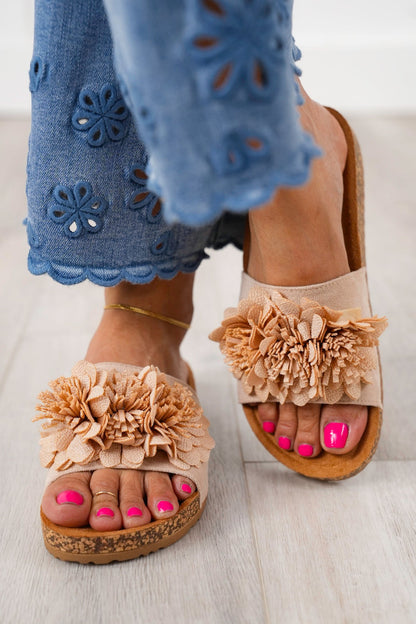 Corky's "Wild Child" Cork Slide Sandals with Floral Accents