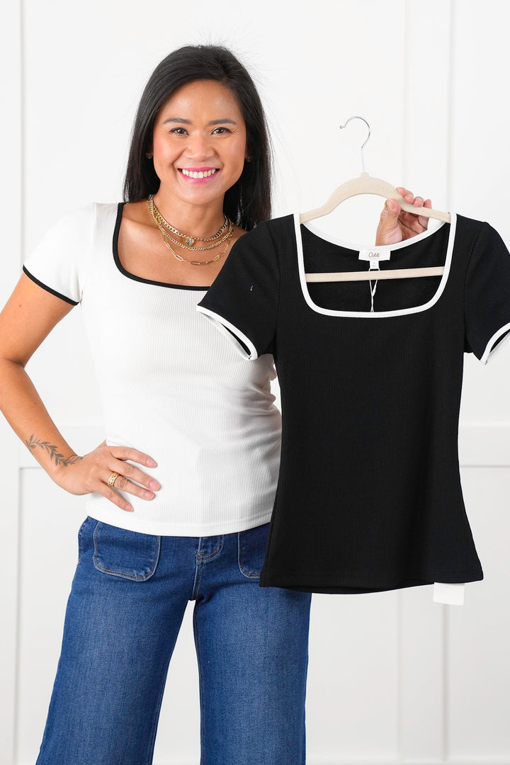 Restock! Plus/Reg Ribbed Knit Short Sleeve Square Neck Top with Contrast Trim Detail