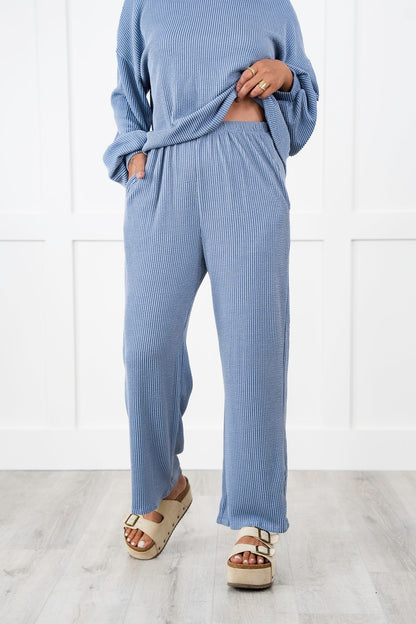 Ribbed Long Sleeve Round Top With Elastic Waistband Lounge Pant Set (Multiple Colors)