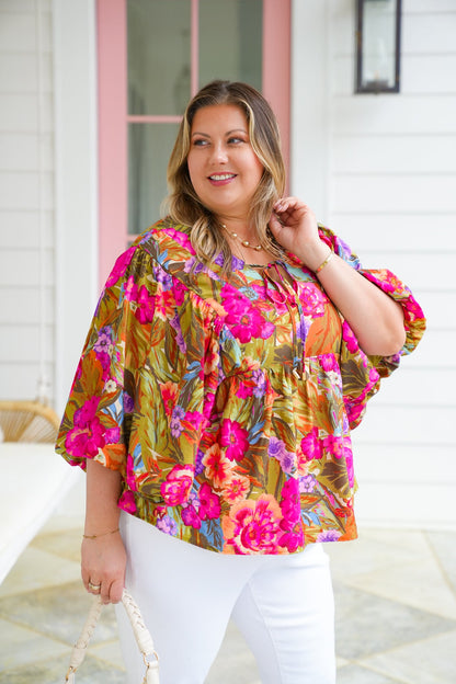 Plus/Reg Tropical Floral Print Dolman Sleeve V Neck Top