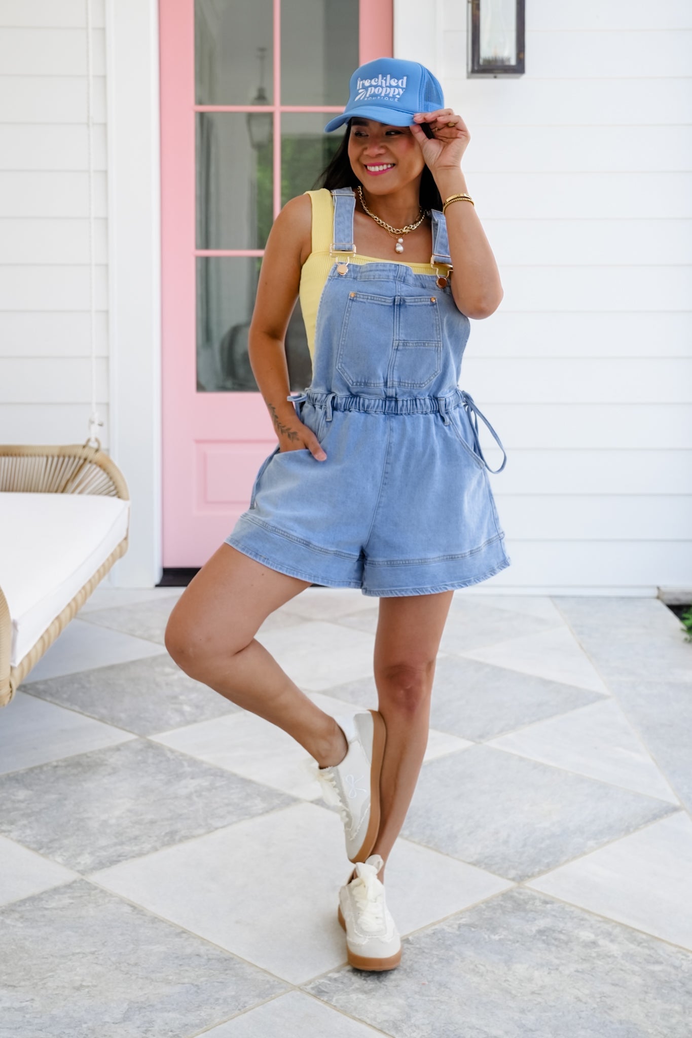 Denim Bib Short Overalls with Drawstring Waist Detail