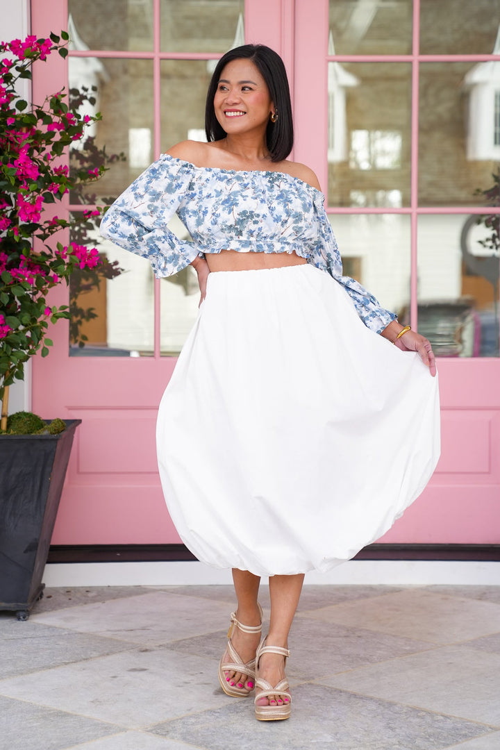 Solid White High Elastic Waist Midi Bubble Skirt
