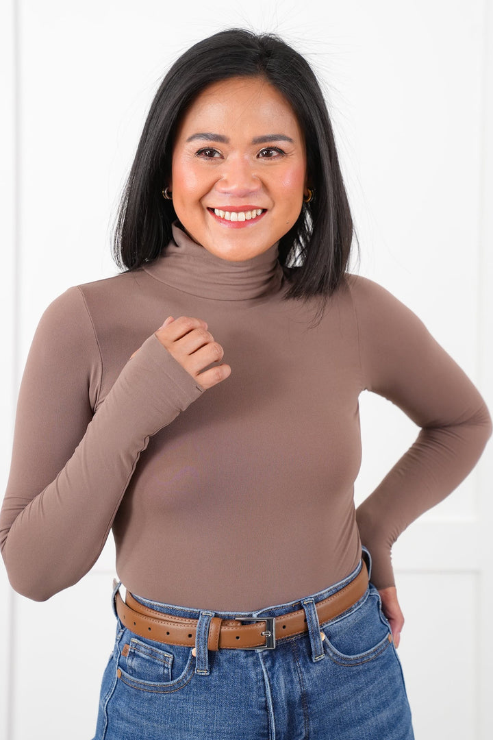 Solid Long Sleeve Turtle Neck Bodysuit with Thumb Hole Detail