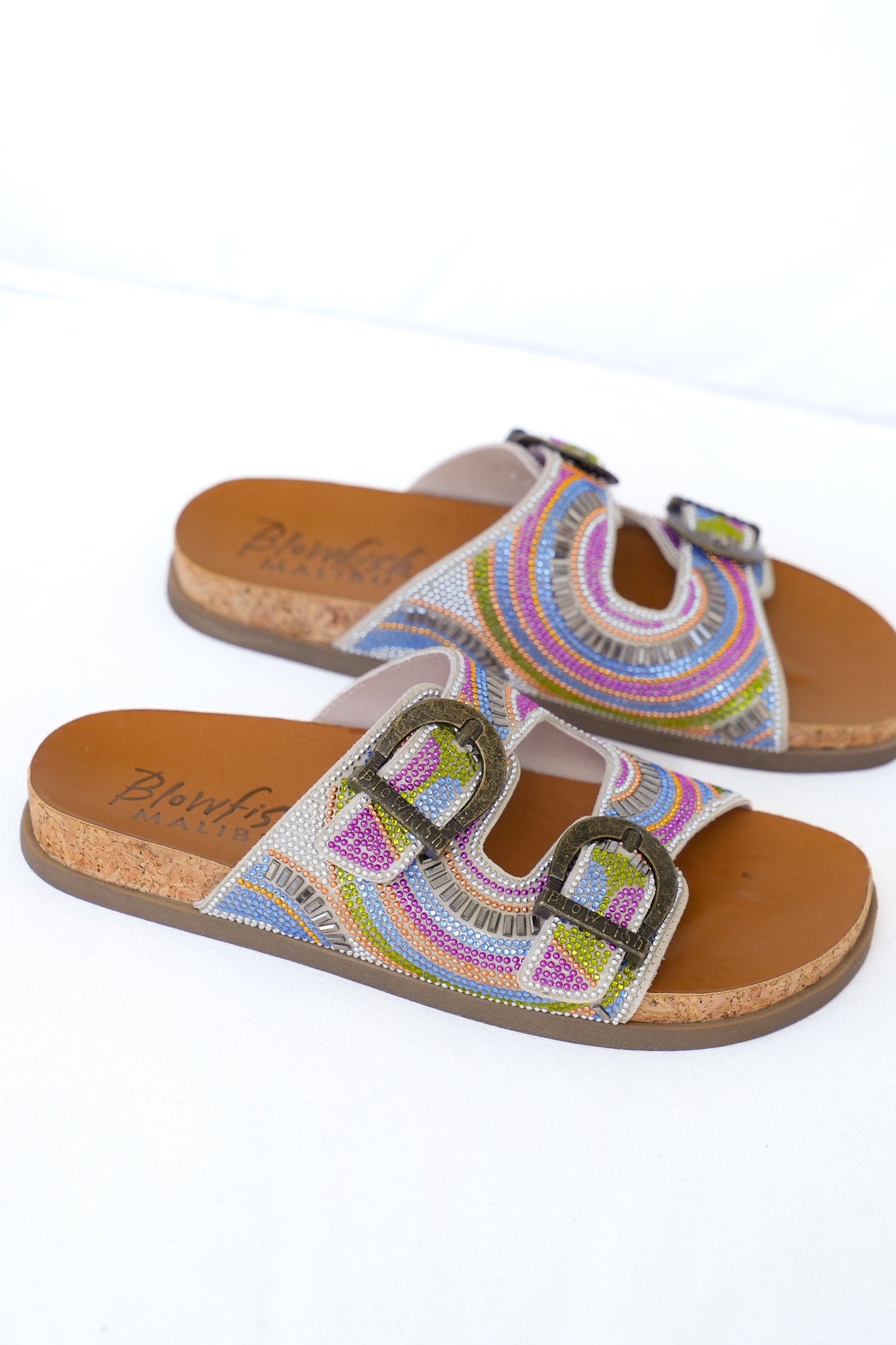 Restock! Blowfish Multicolor Embellished Cork Slide Sandals with Adjustable Buckle Detail