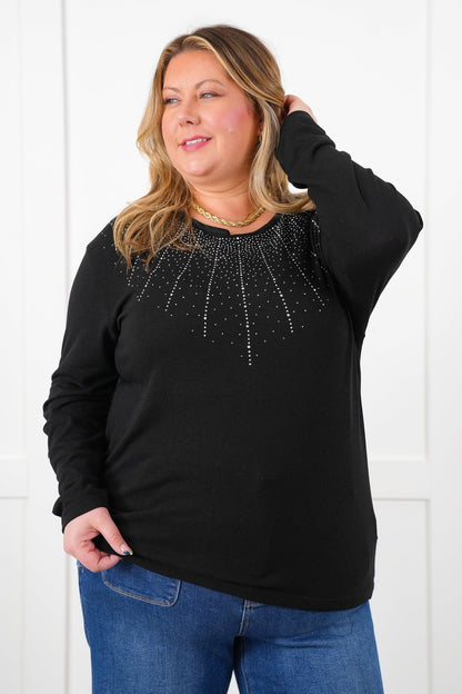 Black Long Sleeve Pullover Top with Rhinestone Detail