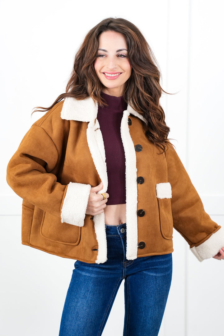 Plus/Reg Vegan Suede Long Sleeve Button Down Jacket with Sherpa Detail