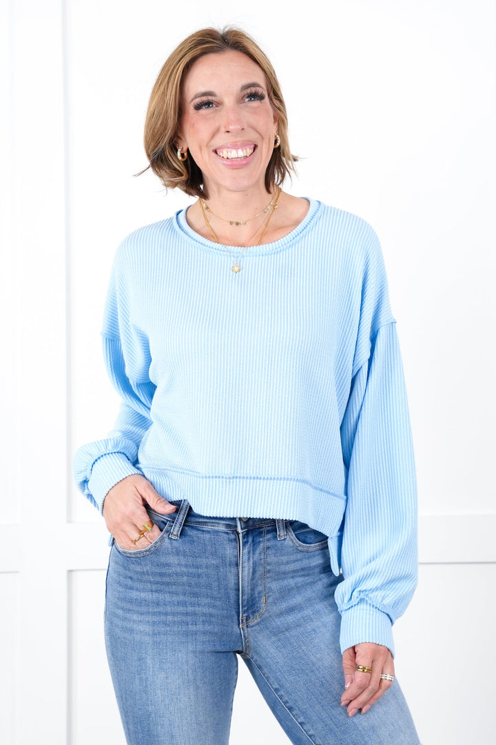 Blue Urban Ribbed Cropped Top with Reverse Seam Detail