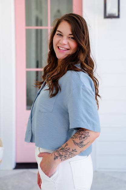 Blue Short Sleeve Button Down Blouse