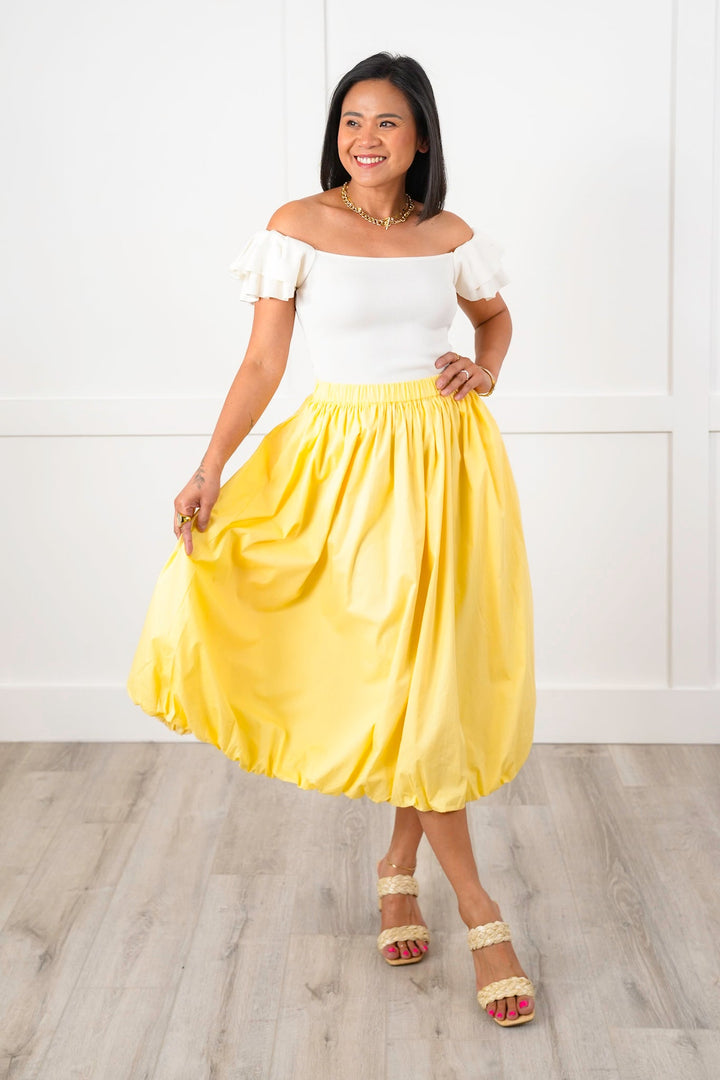 Yellow Elastic Waist Midi Bubble Skirt with Side Pockets