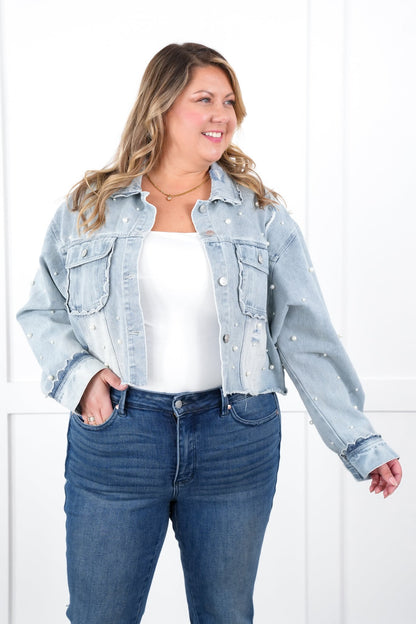 Distressed Light Denim Long Sleeve Button Down Jacket with Pearl Detail